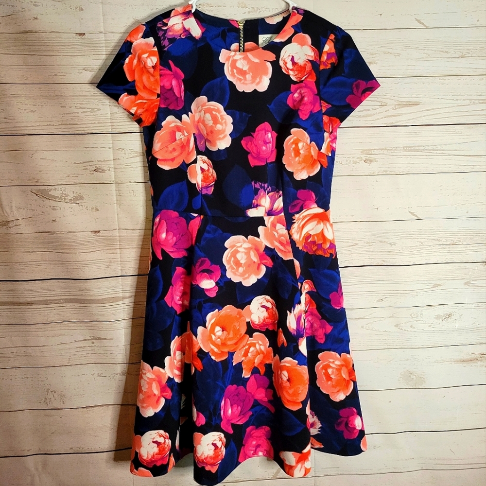Eliza J floral midi dress blue pink orange neon nwot 4p Small Flower Festival